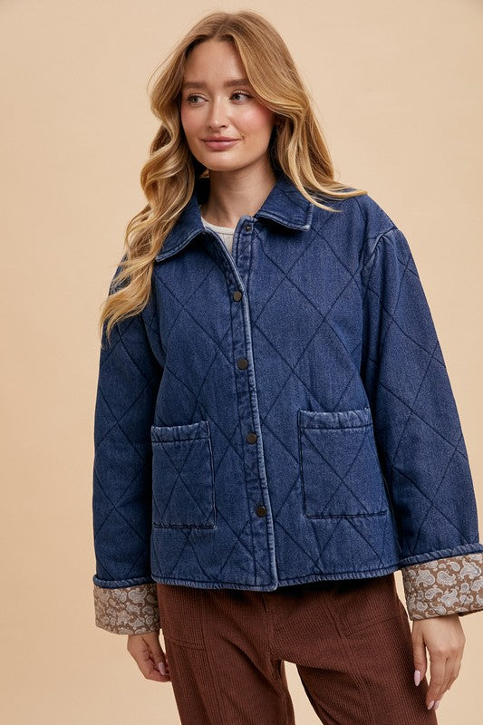 Annie Wear Dark Blue Quilted Printed Lining Snap Down Denim Jacket Dark Blue