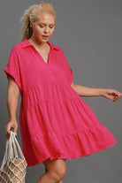 Umgee Hot Pink Raw Hem Folded Sleeve Tiered Dress Plus Size