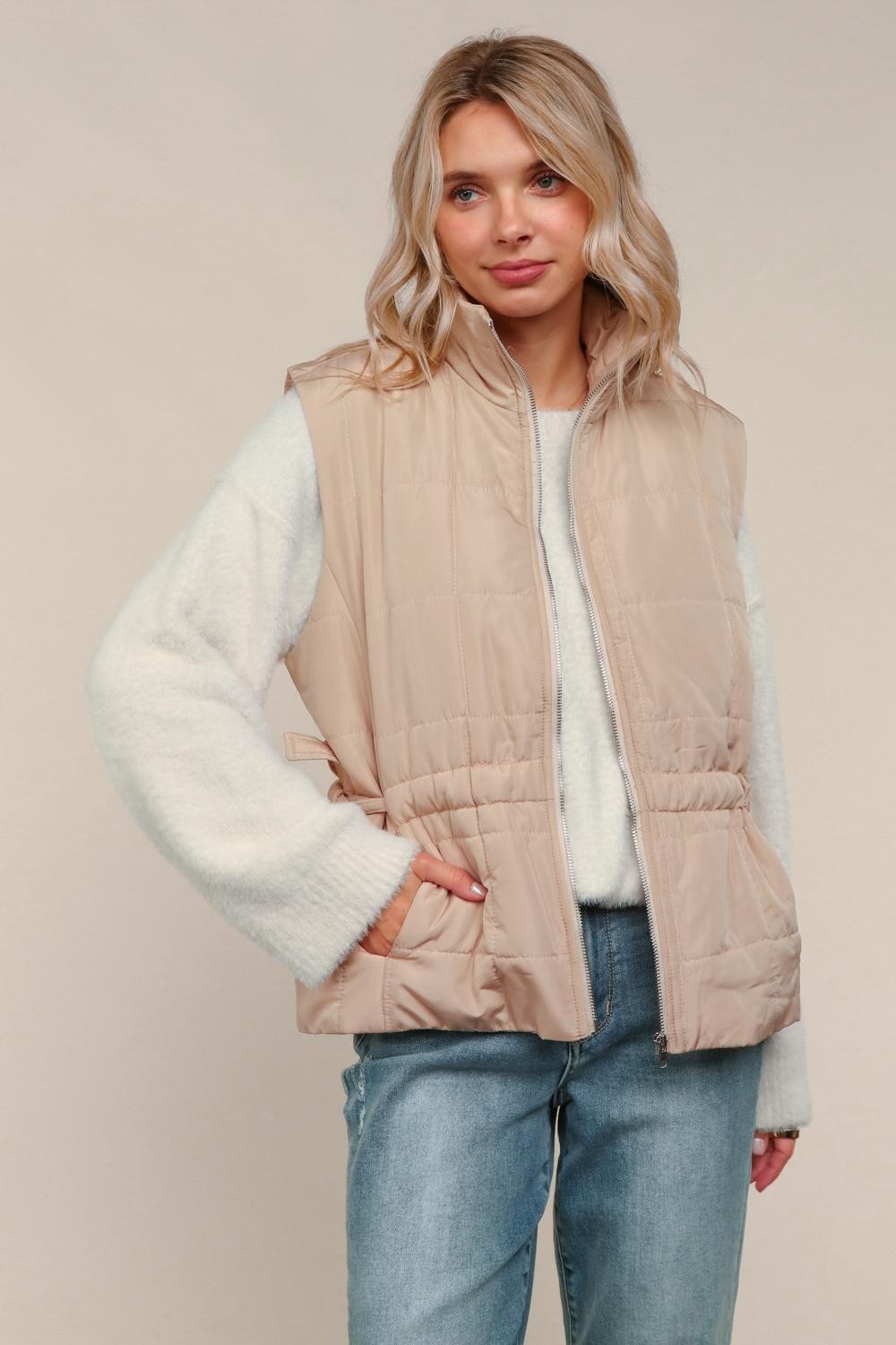 Haptics High Nevk Quilted Zip Up Tan Puffer Vest