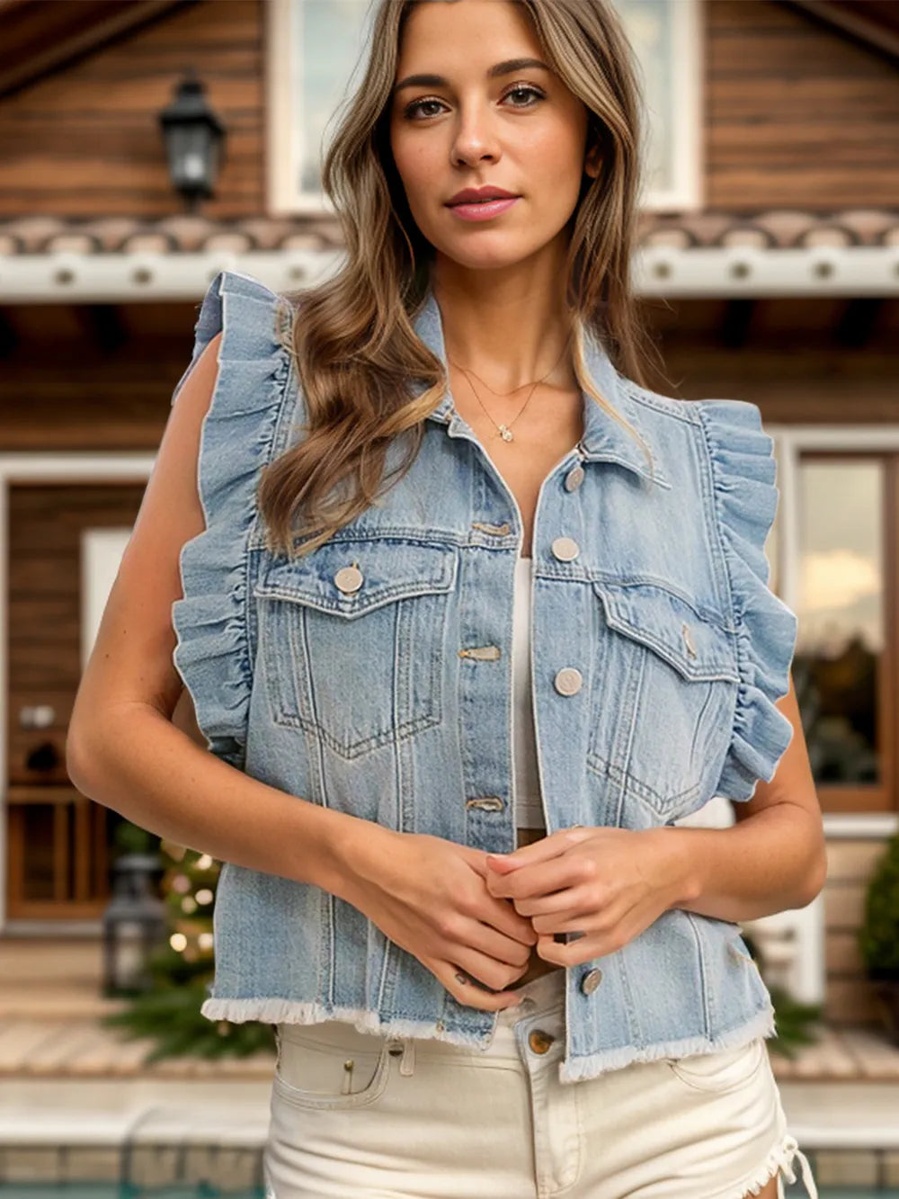 Preorder: Raw Hem Ruffled Cap Sleeve Denim Jacket- Leopard, Black & Blue Denim Light