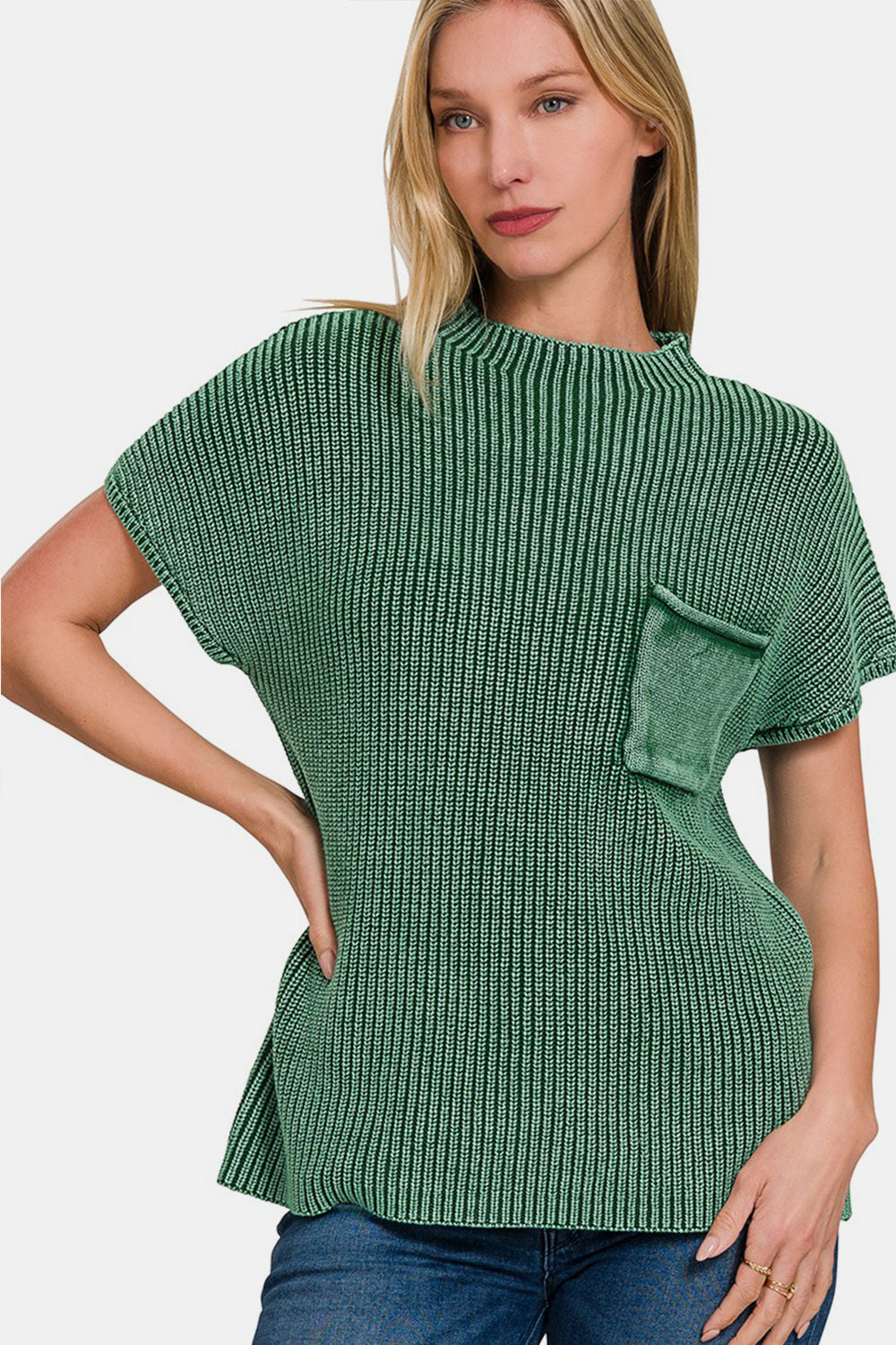 Zenana Washed Dark Green Mock Neck Short Sleeve Sweater Trendsi