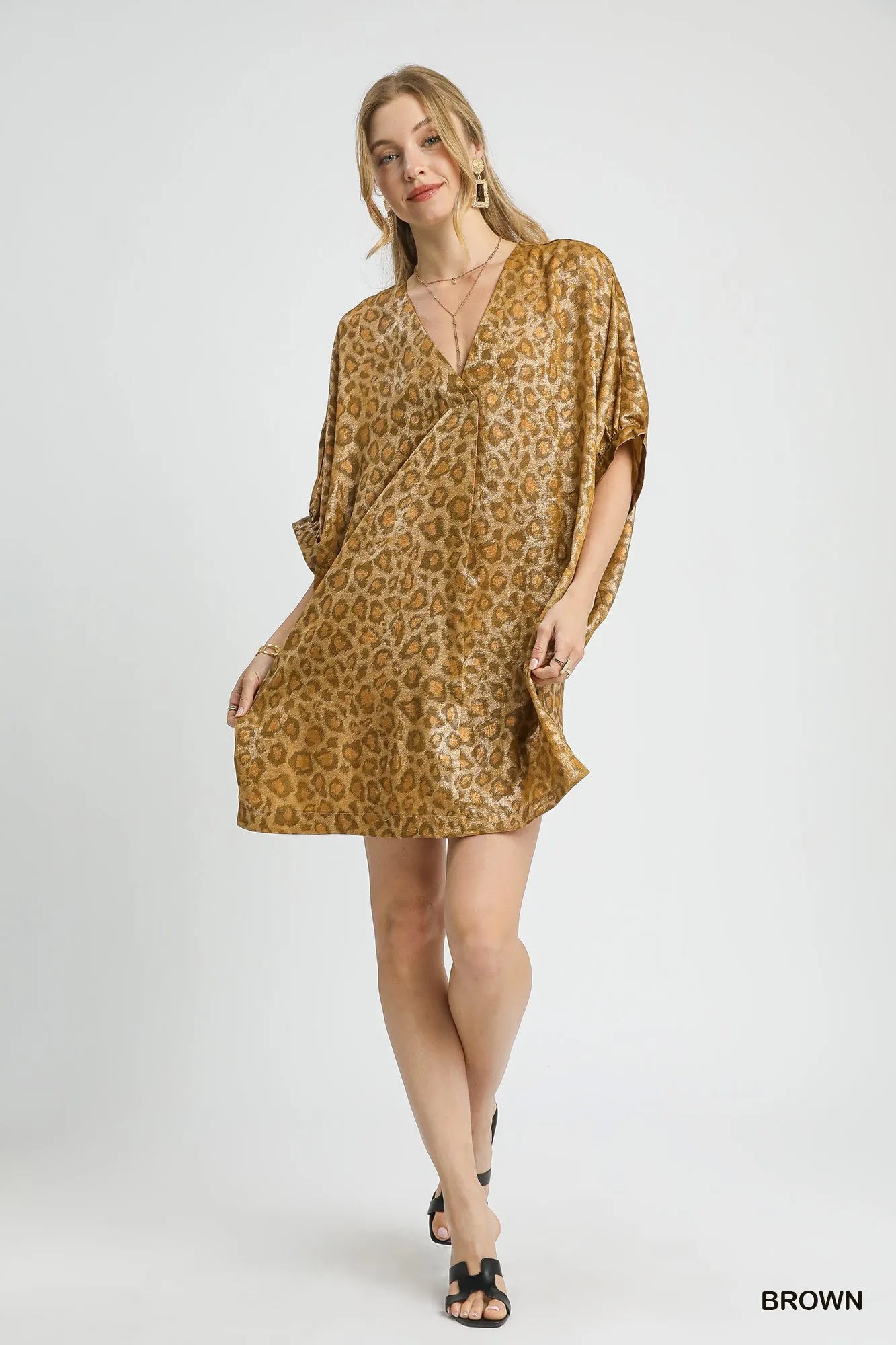 Umgee Brown Metallic Leopard Print V-Neck Kimono Dress