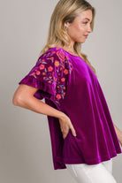 Umgee Violet Velvet Embroidery Short Sleeve Blouse Shirts & Tops