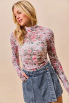 SO ME Pink Floral Rose Print Mesh Sheer Layering Top