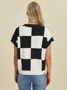 Double Take Checkered Round Neck Short Sleeve Sweater Trendsi