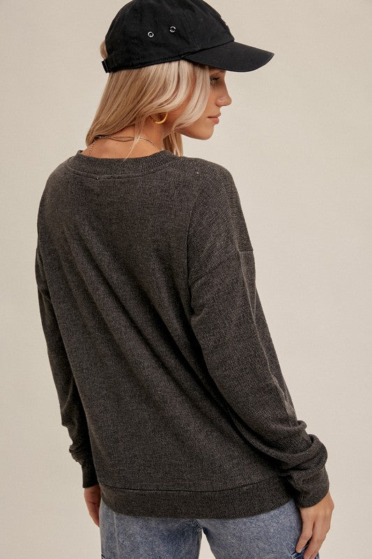 Hem & Thread Grey Ribbed Knit Button Down Brushed Henley Pullover Shirts & Tops