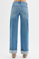 RISEN Elastic Band Mid Rise Wide Front Patch Pocket Cuff Jeans