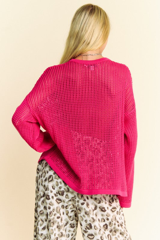 Davi & Dani Deep Rose Star Front Crochet Open Knit Sweater Shirts & Tops