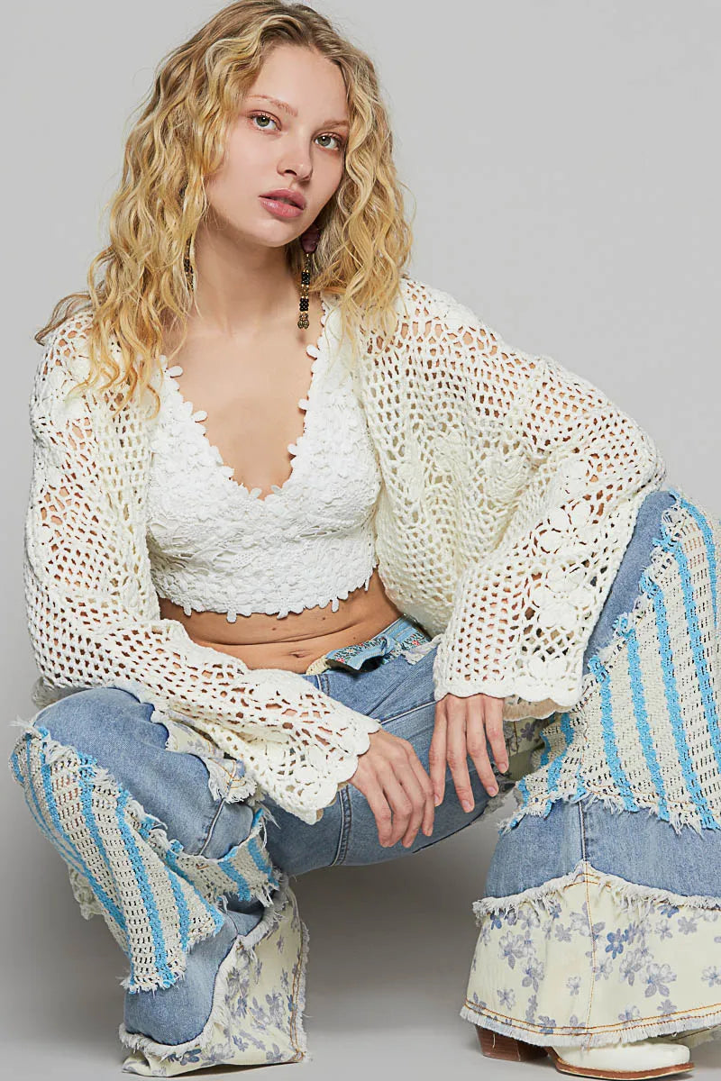 POL Ivory Floral Patch Crochet Open-Front Cardigan Ivory