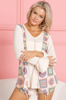 BiBi Cream Granny Square Print Contrast Annie Rib V Neck Top