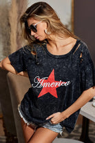 BiBi Laser Cut Mineral Washed Jersey Top with America in Black Charcoal