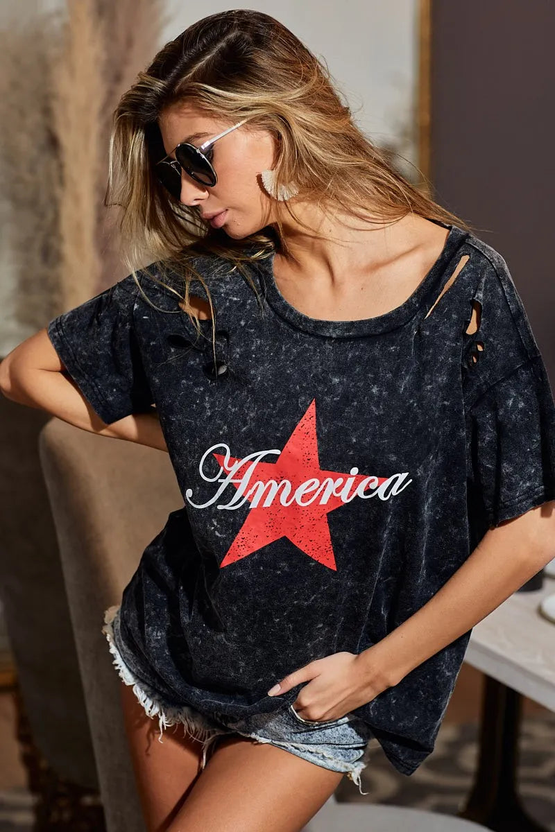 BiBi Laser Cut Mineral Washed Jersey Top with America in Black Charcoal