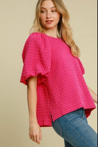 Umgee Hot Pink Boxy Cut Jacquard Round Neck Top with Side Slit