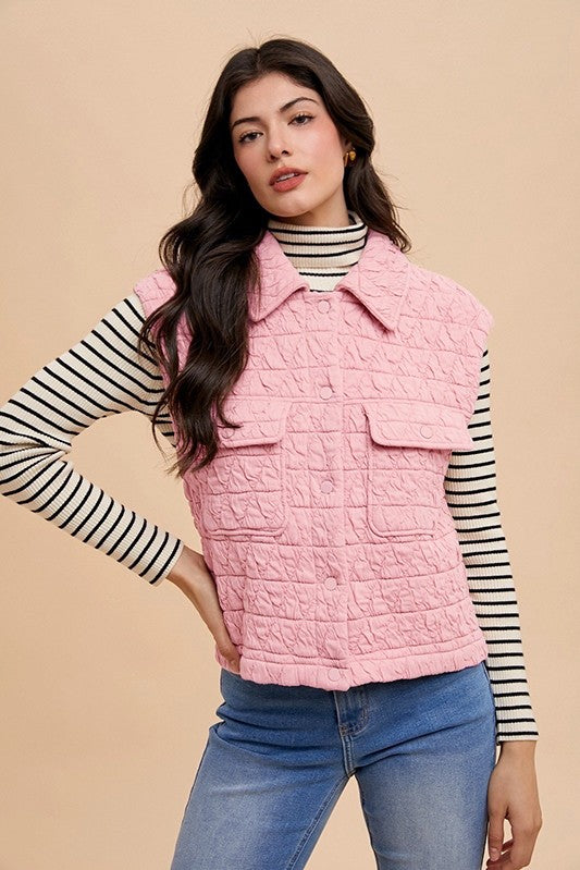 Annie Wear Blush Pink Textured Quilted Snap Down Vest Coat