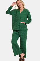 Zenana Dark Green Quilted Button Up Long Sleeve Top and Pants Lounge Set Dark Green