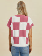 Double Take Checkered Round Neck Short Sleeve Sweater Trendsi