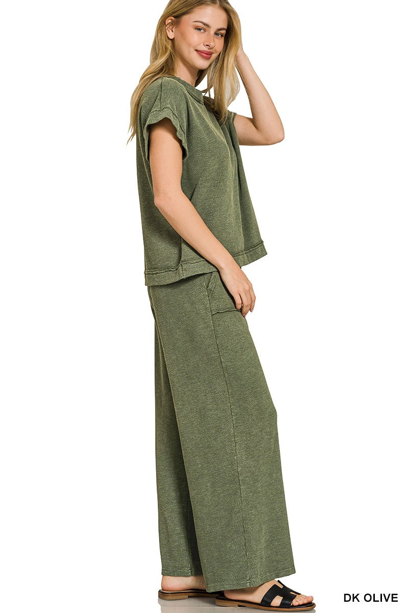 Zenana Dark Olive Washed Slub Short Sleeve Tee & Long Pants Set