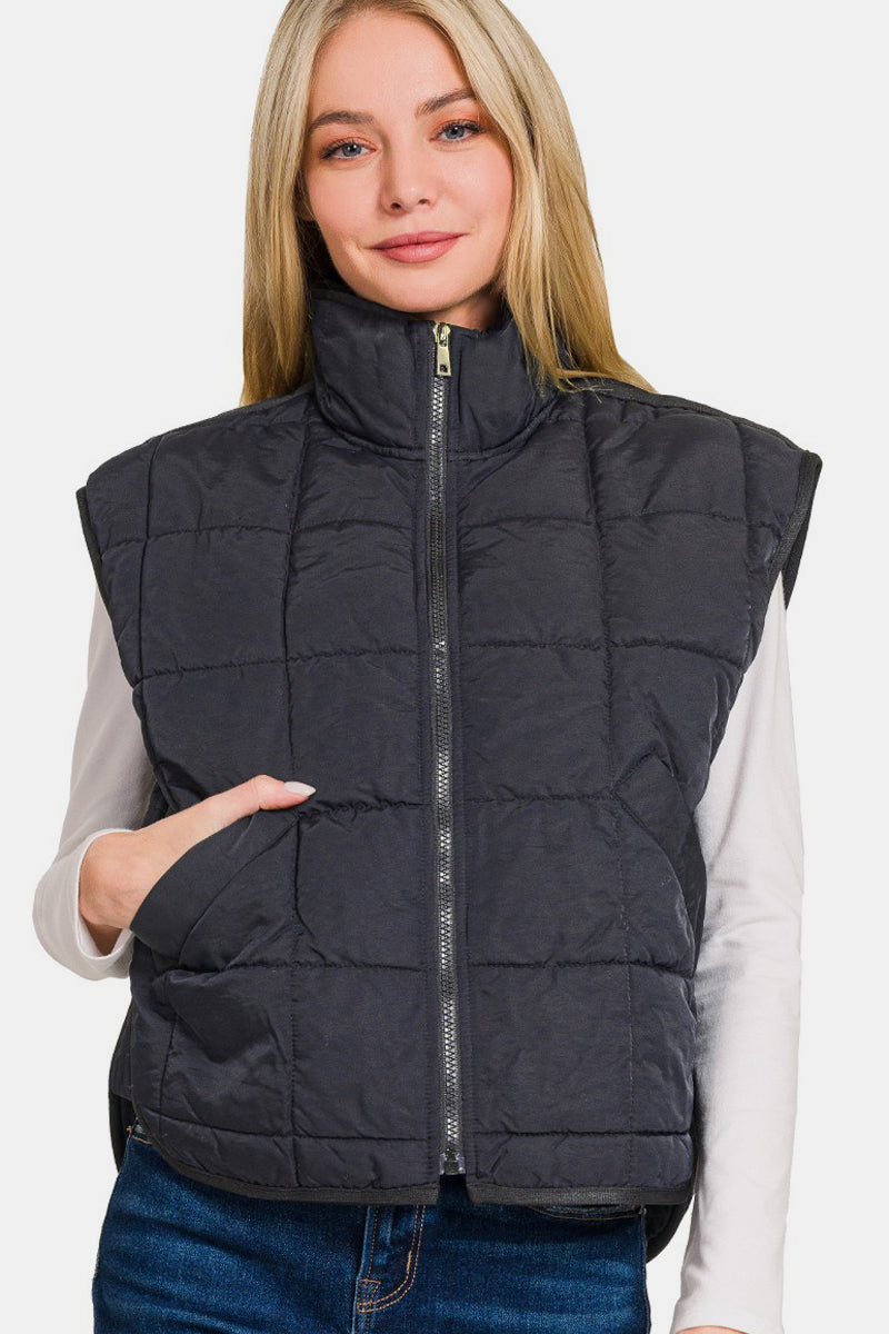 Zenana Black Zip Up Cropped Puffer Vest with Pockets Trendsi