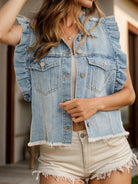 Preorder: Raw Hem Ruffled Cap Sleeve Denim Jacket- Leopard, Black & Blue Denim
