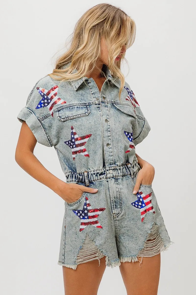 BiBi American Flag Washed Denim Romper