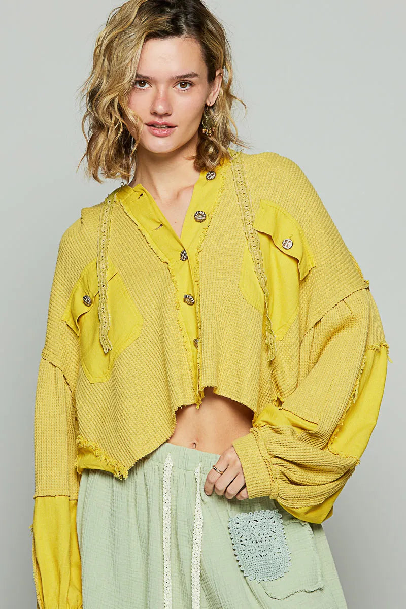 POL Yellow Raw Hem Cropped Hooded Jacket Yellow
