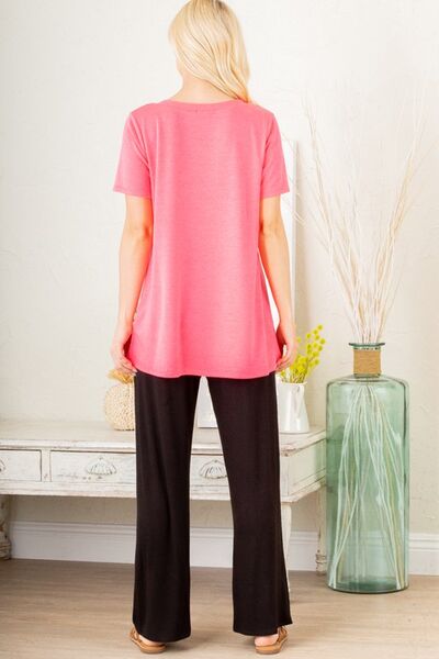 Heimish Hot Pink V-Neck Short Sleeve Top with Bar Detail