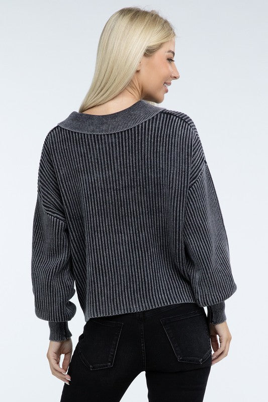 Zenana Washed Collared Henley Sweater in 6 Colors! ZENANA