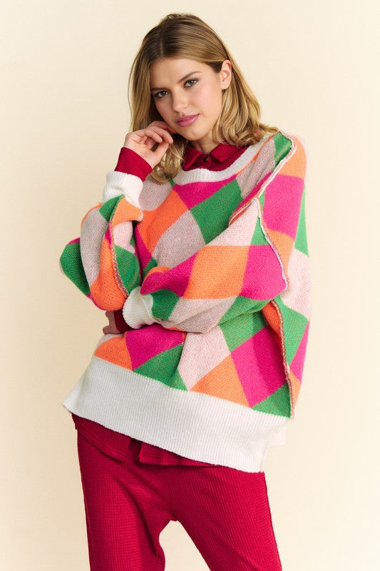 Davi & Dani Pink & Orange Exposed Seam Color Block Dropped Shoulder Sweater Trendsi