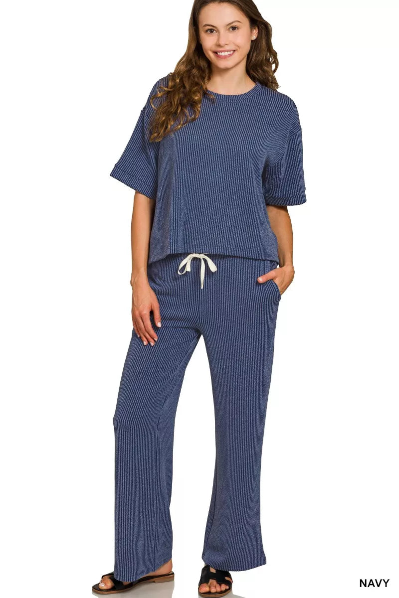 Zenana Raised Rib Short Sleeve Tee & Pants Set