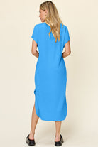 Double Take Ribbed Textured Round Neck Short Sleeve Slit Dress Trendsi