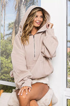 BiBi Taupe Stitch Detailed Elastic Hem Half Zip Fleece Hoodie TAUPE