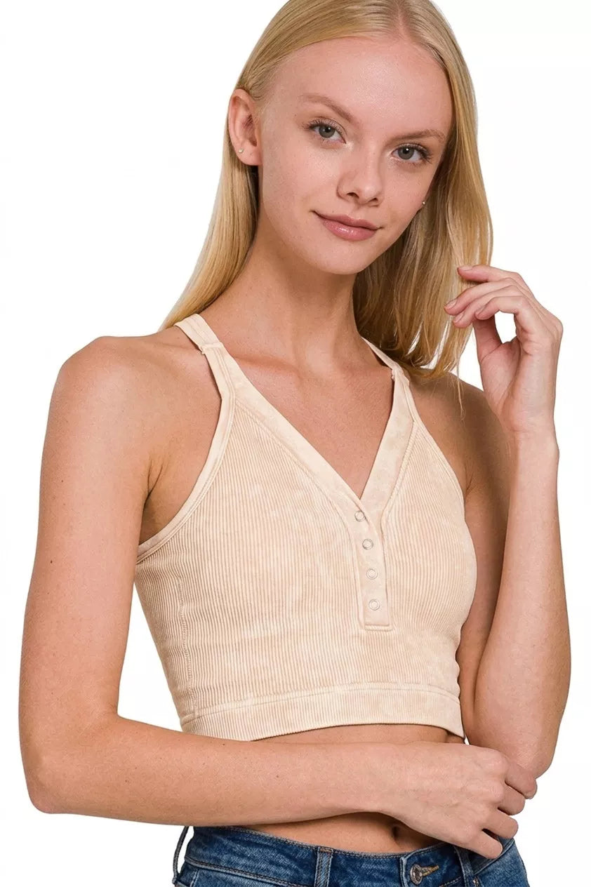 Zenana Sand Beige Washed Ribbed Seamless Button V-neck Tank Top