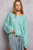 POL Aqua Round Neck Long Sleeve Exposed Seam Top with Chest Pocket