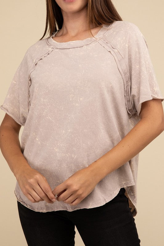 Zenana Back Patch Crinkle Washed Raglan Sleeve T-Shirt in 3 Colors! ASH MOCHA Shirts