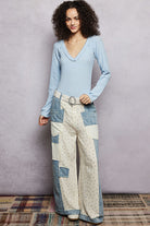 POL Powder Blue V-Neck Long Sleeve Ribbed Top with Lace-Accent Neckband