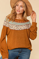 Haptics Rust Plaid & Leopard Color Block Tone Hacci Pullover Haptics