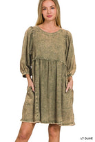 Zenana Deep CamelWashed Linen Pleated Puff Sleeve Babydoll Dress Trendsi