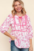 Haptics Hot Pink/White Notched Neck With Bow Ribbon Tie Woven Top