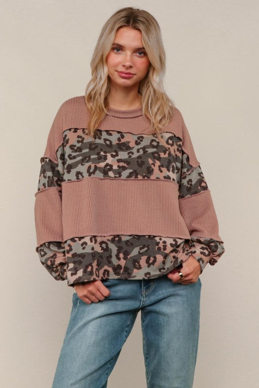 Haptics Taupe & Olive Soft Camo/Leopard Knit Top