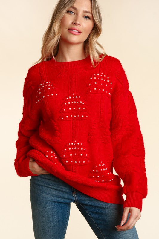 Haptics Holiday Red Christmas Trees With Pearls Sweater Haptics