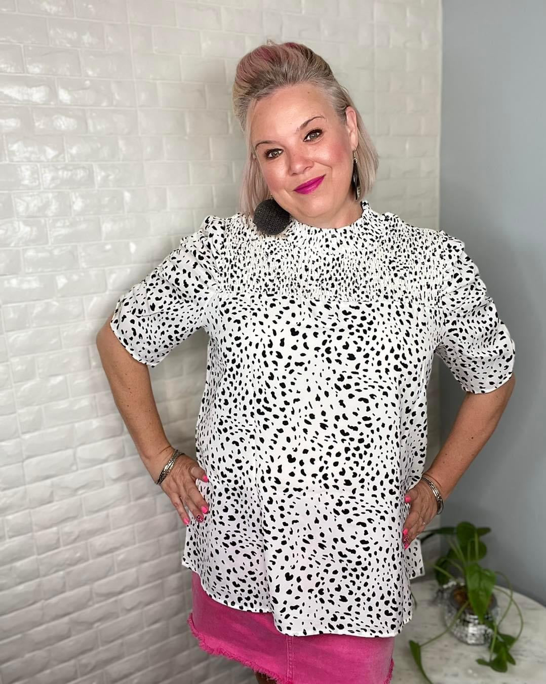 Preorder: Ruby Idol White and Black Dalmatian Printed Ruched Smocked Mock Neck Blouse Shirts & Tops