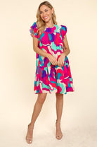 Haptics Go For Fun Fuchsia Geo Print Tiered Ruffle Sleeve Woven Dress