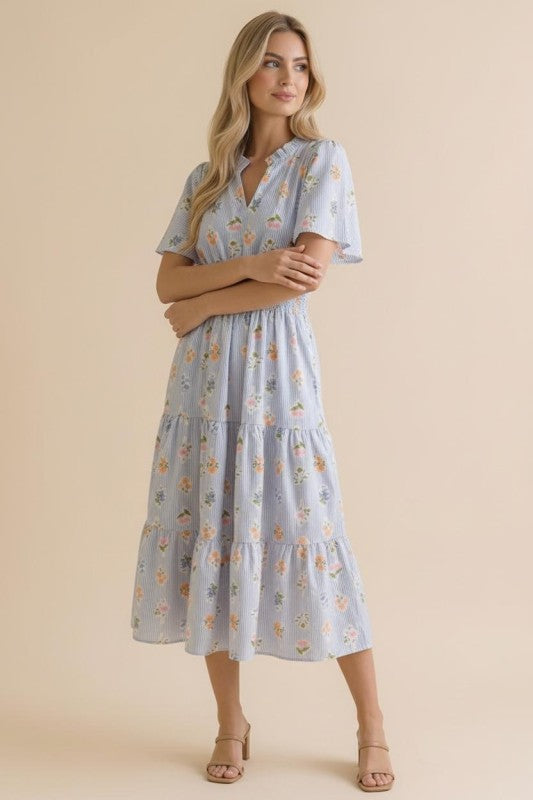 Haptics Flutter Into Late Summer Sweet Striped Floral Midi Dress