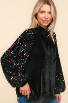 Haptics Black Velvet & Sequin Frill Mock Neck Top Haptics