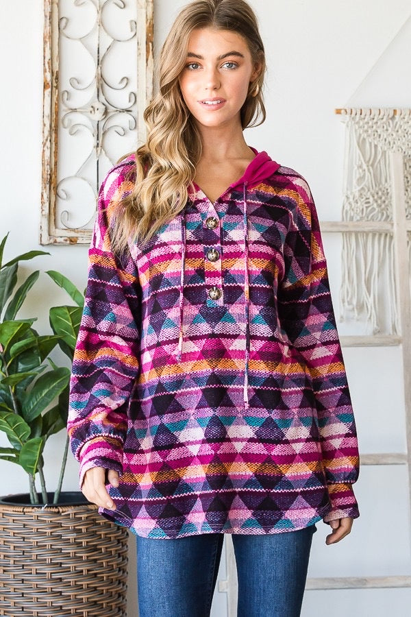 Heimish Magenta French Terry Multicolor Geometric Puff Sleeve Hoodie in MemorialDay24