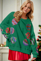 Preorder Double Take Christmas Element Sequin Round Neck Long Sleeve Sweatshirt Dark Green Trendsi