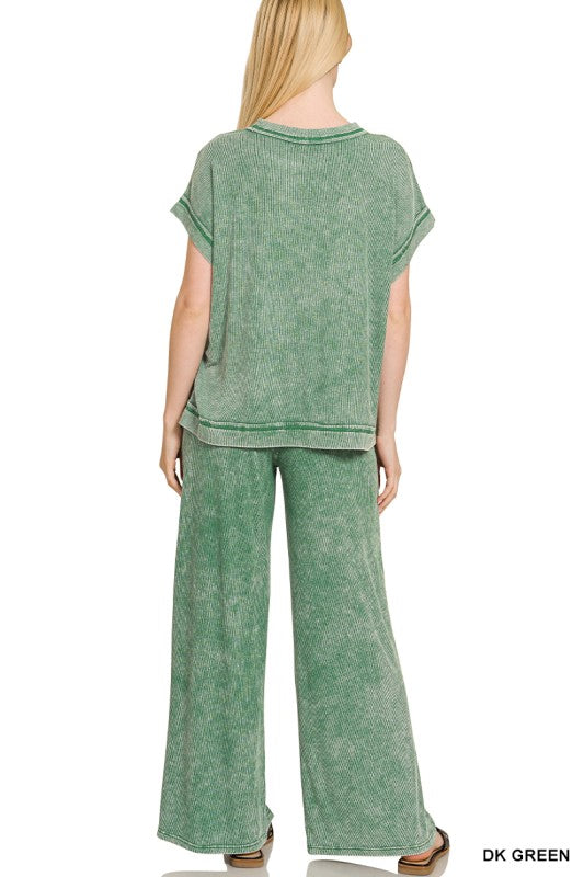 Zenana Black Ribbed Acid Wash Rayon Top & Pants Set