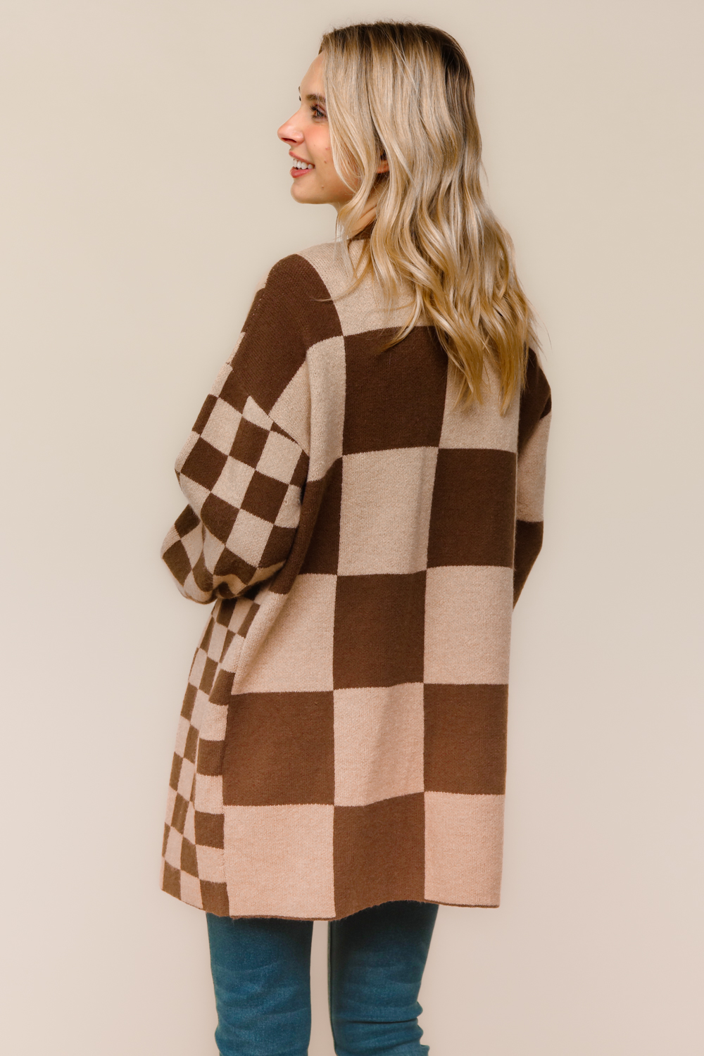 Haptics Brown & Taupe Checkerboard Color Block Cardigan Sweater