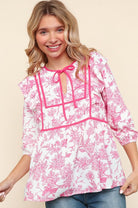 Haptics Hot Pink/White Notched Neck With Bow Ribbon Tie Woven Top