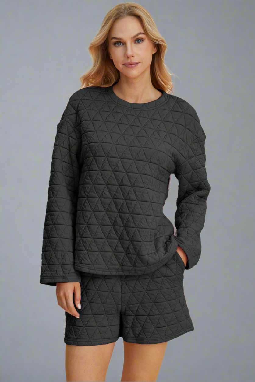 Double Take 3 Colors Quilted Textured Round Neck Long Sleeve Top and Shorts Set Black Trendsi